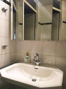 La salle de bains est pourvue d'un lavabo blanc et d'un miroir. dans l'établissement B&B Looier, à Amsterdam