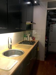 a kitchen with a sink and a stove at B&B Looier in Amsterdam