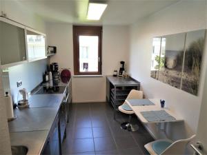 een keuken met roestvrijstalen werkbladen en een raam bij Baselblick in Lörrach