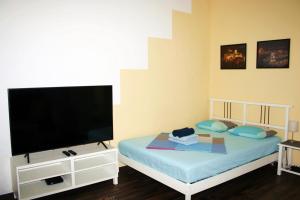 um quarto com uma televisão de ecrã plano e uma cama em Honey Home em Budapeste