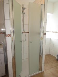 a shower with a glass door in a bathroom at Beim Wegmacher in Rennertshofen +12 photos