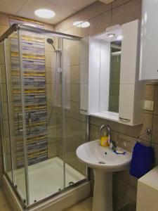 ein Bad mit einer Dusche und einem Waschbecken in der Unterkunft Apartment Maris in Ohrid