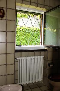 a bathroom with a window and a toilet and radiator at Casa Creavita in Cademario