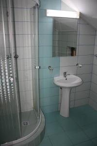 a bathroom with a sink and a shower at Perla Munților in Ranca