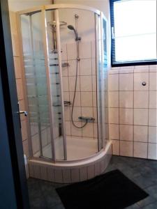 y baño con ducha y puerta de cristal. en Haus Taekema Appartments en Glanegg