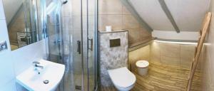 a bathroom with a shower and a toilet and a sink at Villa Stawros in Łeba +50 photos