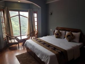 een slaapkamer met een bed en een groot raam bij Hotel Silverine in Shimla