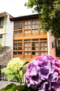 a purple flower in front of a building at LA ATALAYA in Ribadesella