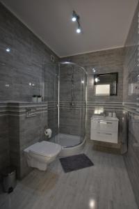 a bathroom with a shower and a toilet and a sink at Darłówko Apartament Morski V in Darłówko