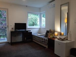 a living room with a bed and a mirror at Guesthouse Hill in Sarajevo