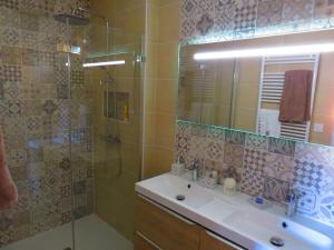 La salle de bains est pourvue d'un lavabo et d'une douche avec un miroir. dans l'établissement LA MAISON DE MARION, à Tournus