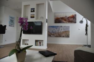 a living room with a tv and a flower on a table at Ferienwohnung Storchennüst in Aurich