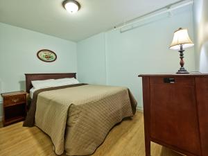 a bedroom with a bed and a lamp and a dresser at Atlantic Sands in Hampton