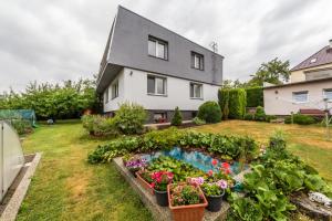 a house with a garden with a pond in the yard at Pension Milada in Klecany