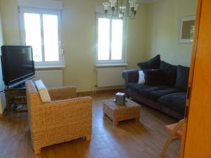 a living room with a couch and a tv at Haus Moezelblik in Zell an der Mosel