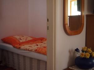 1 dormitorio con cama y espejo en la pared en DéeL apartman, en Nyíregyháza
