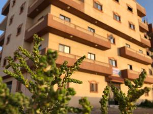 a tall building with a tree in front of it at بيت العز للشقق الفندقية - علم الروم Bet Elezz Apartments-Alam Elrom in Marsa Matruh