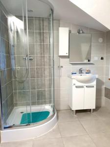 a bathroom with a shower, tub, and sink at B&B Villa Varmia in Frombork