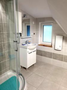 La petite salle de bains est pourvue d'un lavabo et d'une douche. dans l'établissement B&B Villa Varmia, à Frombork