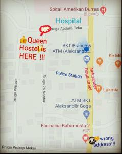 um mapa que mostra a localização de diferentes hotéis em Queen Hostel em Durrës