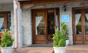 a front door of a building with two potted plants at Hotel Capitán in Vega de los Caseros