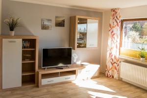 sala de estar con TV de pantalla plana en un soporte de madera en Silbermoewe, en Dahme