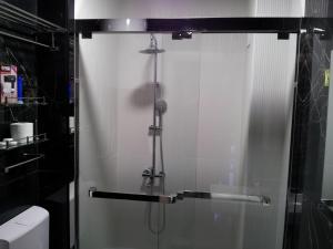 a shower with a glass door in a bathroom at Apartmani MITIĆ in Veliko Gradište +39 photos
