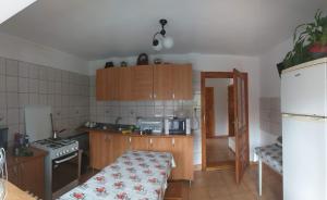 a small kitchen with wooden cabinets and a stove at Casa Rodica str. Clabucetului 28 in Buşteni