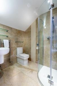 a bathroom with a toilet and a sink and a shower at Marazion Hotel in Marazion