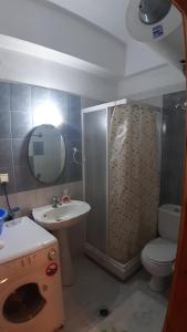 W łazience znajduje się prysznic, umywalka i toaleta. w obiekcie Vangel Garden w mieście Ajos Nikolaos