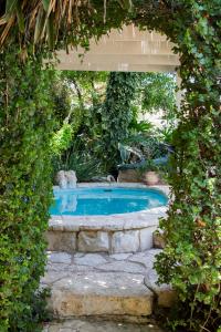 a swimming pool in a garden with an archway at Adva High Above All in Rosh Pinna