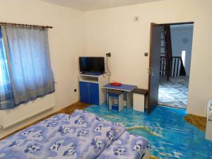 a bedroom with a bed and a tv and a table at Casa MILOS SI FIUL in Băile Herculane