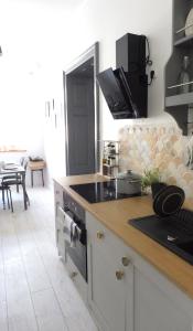 kuchnia z kuchenką i blatem w obiekcie Apartament Pod Tężnią w mieście Głuchołazy