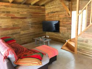 Habitación con sofá y TV en una cabaña de madera. en Villa neuve de standing en bois avec piscine, en Sainte-Anne