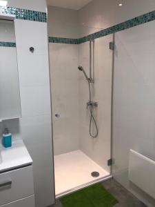 a shower with a glass door in a bathroom at Rezeda Apartman in Fonyód