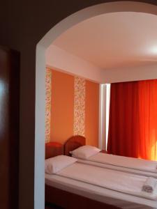 a bedroom with two beds and a red curtain at Pensiunea Sydney in Timişoara