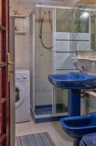 a bathroom with a blue sink and a shower at Casa Tinin in Loano