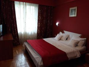 a bedroom with a bed with red walls and a window at Pensiunea Sydney in Timişoara