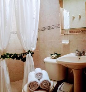 a bathroom with a sink and a shower with towels at Hotel Casa Gaia in Bogotá
