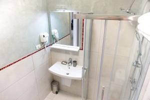 ein Bad mit einem Waschbecken, einer Dusche und einem Spiegel in der Unterkunft Pensiunea Margareta in Alba Iulia
