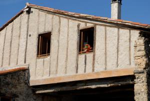 - un bâtiment avec une fenêtre et une fleur dans l'établissement Gîte fermier de Saint-Lizier, à Saint-Lizier