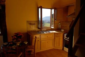 une cuisine avec un évier, une fenêtre et une table dans l'établissement Gîte fermier de Saint-Lizier, à Saint-Lizier