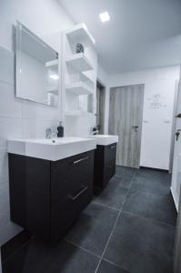 a bathroom with a sink and a large mirror at Rooms pr zajčku in Tolmin