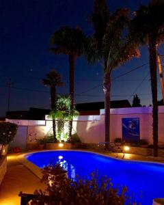a blue swimming pool at night with palm trees at Casa Golfinho in Viana do Castelo