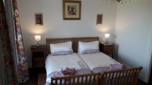 ein Schlafzimmer mit einem Bett mit zwei Nachttischen und zwei Lampen in der Unterkunft La Maison Bourgeoise in Saint-Priest-des-Champs