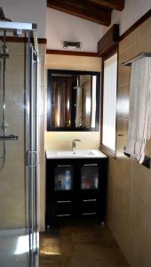 ein Badezimmer mit Waschbecken, Spiegel und Dusche in der Unterkunft CASA RURAL VERSOS in San Martín del Castañar
