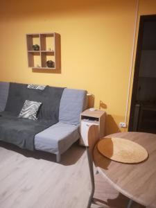 ein Wohnzimmer mit einem Sofa und einem Tisch in der Unterkunft G&G APARTMANOK in Igal