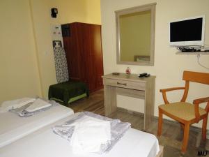 a room with two beds and a television and a chair at Holiday Dream Thalia Apartment in Mastichari