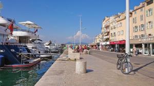 una bicicleta estacionada junto a un puerto deportivo con barcos en Villa COLIBRI en Lorgues