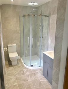 uma casa de banho com um chuveiro e um WC. em Cae Garw B&B em Betws-y-coed